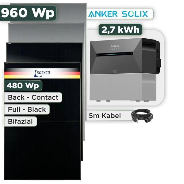Balkonkraftwerk Set 960 Wp Anker Solarbank 3 Pro / 2,7 kWh / Solyco 480 Wp Glas-Glas Fullblack Back Contact Modul / 2 Module / Schuko Stecker / 3 m