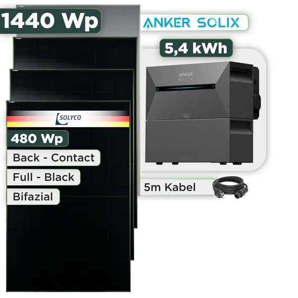Balkonkraftwerk Set 1440 Wp Anker Solarbank 3 Pro / 5,4 kWh / Solyco 480 Wp Glas-Glas Fullblack Back Contact Modul / 3 Module / Schuko Stecker / 3 m