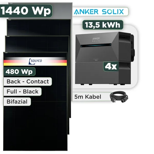 Balkonkraftwerk Set 1440 Wp Anker Solarbank 3 Pro / 13,5 kWh / Solyco 480 Wp Glas-Glas Fullblack Back Contact Modul / 3 Module / Schuko Stecker / 3 m