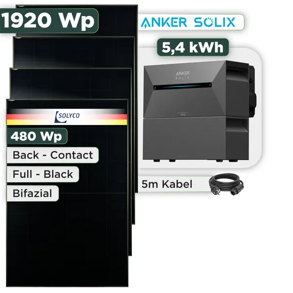 Balkonkraftwerk Set 1920 Wp Anker Solarbank 3 Pro / 5,4 kWh / Solyco 480 Wp Glas-Glas Fullblack Back Contact Modul / 4 Module / Schuko Stecker / 3 m