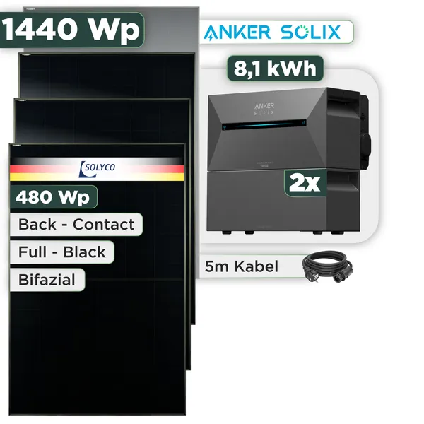 Balkonkraftwerk Set 1440 Wp Anker Solarbank 3 Pro / 8,1 kWh / Solyco 480 Wp Glas-Glas Fullblack Back Contact Modul / 3 Module / Schuko Stecker / 3 m