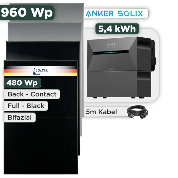 Balkonkraftwerk Set 960 Wp Anker Solarbank 3 Pro / 5,4 kWh / Solyco 480 Wp Glas-Glas Fullblack Back Contact Modul / 2 Module / Schuko Stecker / 3 m