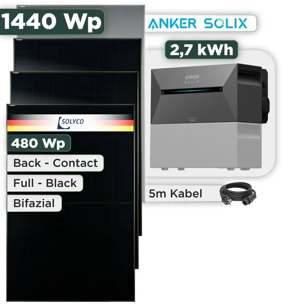 Balkonkraftwerk Set 1440 Wp Anker Solarbank 3 Pro / 2,7 kWh / Solyco 480 Wp Glas-Glas Fullblack Back Contact Modul / 3 Module / Schuko Stecker / 3 m