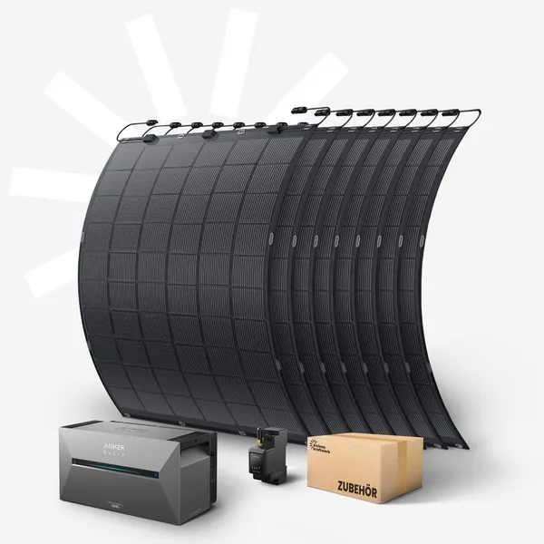 kleines kraftwerk Flex 8x - 1800Wp Balkonkraftwerk mit Speicher Anker SOLIX Solarbank 3 Pro und flexiblen Modulen