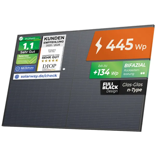 Solarway 445W Solarpanel | Full Black – Bifazial – Glas/Glas – n-Type - 1 Palette / 36 Stück