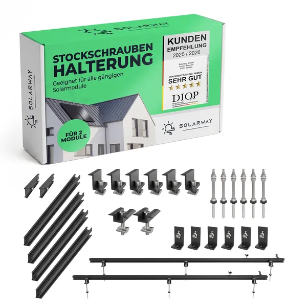 Solarway Balkonkraftwerk Stockschraube Halterung für Solarpanel | Blechdach, Holzdach, Welldach Befestigung für 2 Solarmodule vertikal Halterung Set | Schwarz