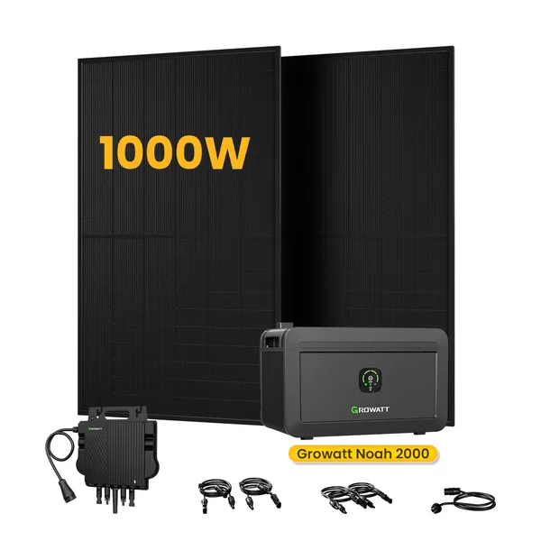 Growatt NOAH 2000 Batteriespeicher für Balkonkraftwerke, mit 2 x 500W Bifaziale Solarmodule,by Powerness
