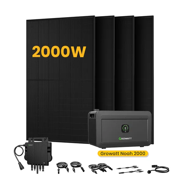 Growatt NOAH 2000 Batteriespeicher für Balkonkraftwerke, mit 4 x 500W Bifaziale Solarmodule,by Powerness