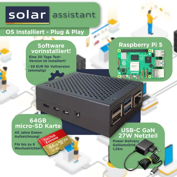 Solar Assistant Plug & Play Set Monitoring Software für Deye, Growatt, SunSynk und weitere! (inkl. Raspberry Pi5, 64 GB SD Karte, USB zu Seriell Kabel uvm.)