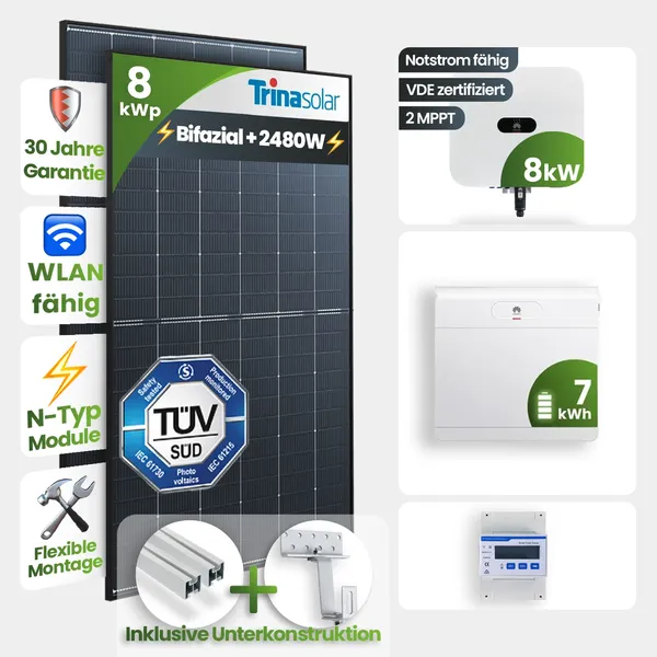 8kWp Huawei PV-Anlage 18x Trina 465Wp Black Frame Schrägdachmontage 7kWh Speicher