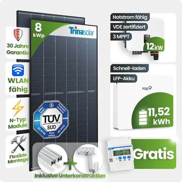 8 kWp FoxEss PV-Anlage 18x Trina 455Wp Glas-Glas Fullblack Schrägdach 11,52kWh Speicher inkl. Smart Meter
