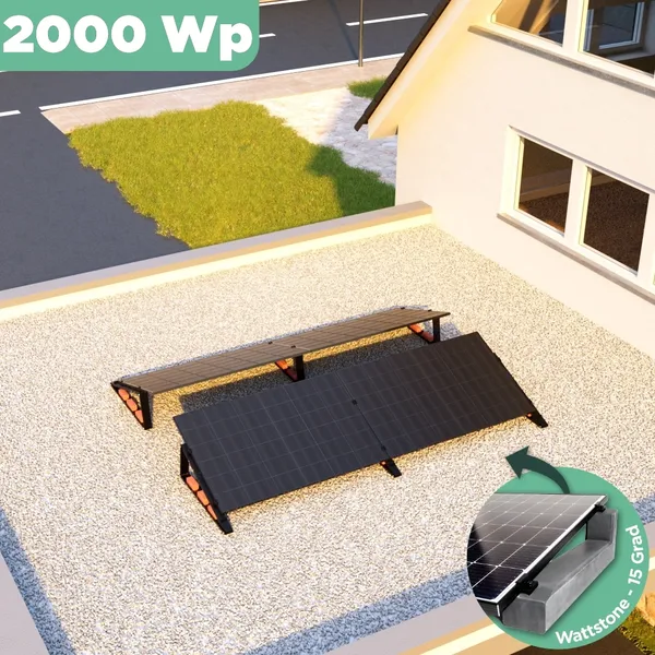 Balkonkraftwerk Flachdach 2000 Wp APsystems EZ1-M 800 W / Trina Solar / 500 Wp (Glas-Glas Full Black) / Premium - Wattstone Black 15° / zwei Reihen quer / 4 Module