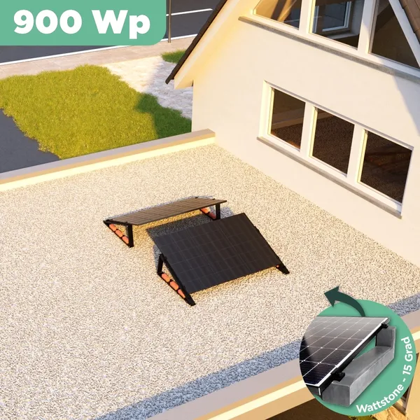 Balkonkraftwerk Flachdach 900 Wp APsystems EZ1-M 800 W / Trina Solar / 450 Wp (Glas-Glas Full Black) / Premium - Wattstone Black 15° / zwei Reihen quer / 2 Module