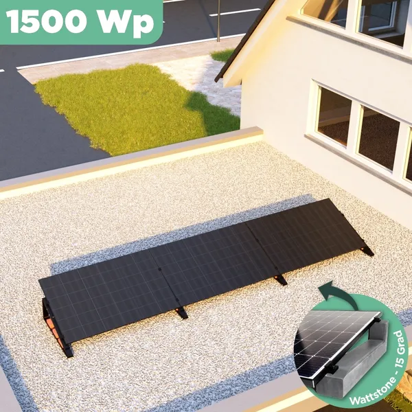 Balkonkraftwerk Flachdach 1500 Wp APsystems EZ1-M 800 W / Trina Solar / 500 Wp (Glas-Glas Full Black) / Premium - Wattstone Black 15° / eine Reihe quer / 3 Module