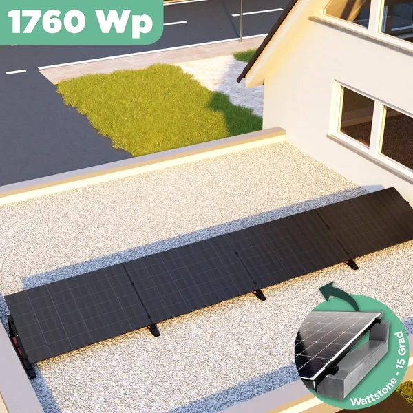 Balkonkraftwerk Flachdach 1760 Wp APsystems EZ1-M 800 W / Trina Solar / 440 Wp (Glas-Glas + Bifazial) / Premium - Wattstone Black 15° / eine Reihe quer / 4 Module