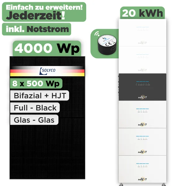 SunEnergyXT 500 Modulset 4000 Wp SunEnergyXT 500 Pro (2400 W) / 20 kWh / IR Lesekopf / Solyco 500 Wp / 8 Module