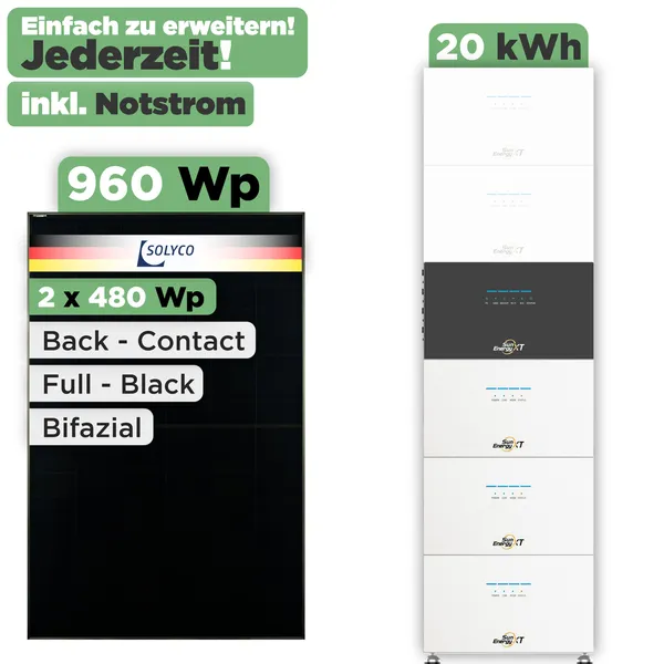 SunEnergyXT 500 Modulset 960 Wp SunEnergyXT 500 (800 W) / 20 kWh / Solyco 480 Wp / 2 Module
