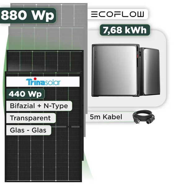 Balkonkraftwerk Set 880 Wp Ecoflow Stream Ultra X / 7,68 kWh / Trina 440 Wp Glas-Glas Bifazial Modul / 2 Module / Schuko Stecker / 1,5 m