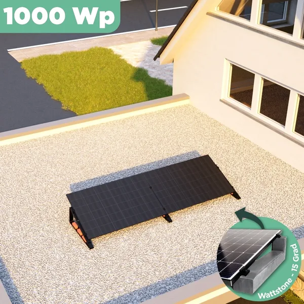Balkonkraftwerk Flachdach 1000 Wp APsystems EZ1-M 800 W / Trina Solar / 500 Wp (Glas-Glas Full Black) / Premium - Wattstone Black 15° / eine Reihe quer / 2 Module