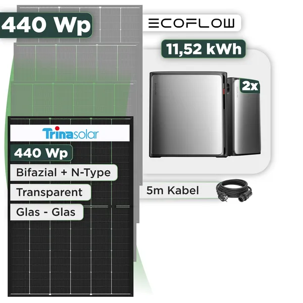 Balkonkraftwerk Set 440 Wp Ecoflow Stream Ultra X / 11,52 kWh / Trina 440 Wp Glas-Glas Bifazial Modul / 1 Modul / Schuko Stecker / 1,5 m