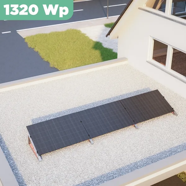 Balkonkraftwerk Flachdach 1320 Wp APsystems EZ1-M 800 W / Trina Solar / 440 Wp (Glas-Glas + Bifazial) / Standard / eine Reihe quer / 3 Module