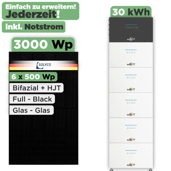 SunEnergyXT 500 Modulset 3000 Wp SunEnergyXT 500 Pro (2400 W) / 30 kWh / Solyco 500 Wp / 6 Module