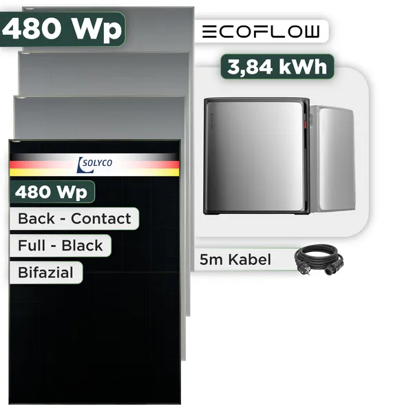 Balkonkraftwerk Set 480 Wp Ecoflow Stream Ultra X / 3,84 kWh / Solyco 480 Wp Glas-Glas Fullblack Back Contact Modul / 1 Modul / Schuko Stecker / 1,5 m