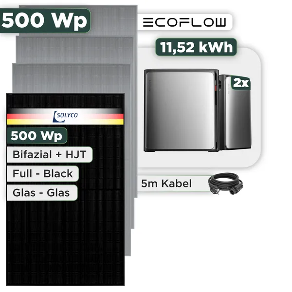 Balkonkraftwerk Set 500 Wp Ecoflow Stream Ultra X / 11,52 kWh / Solyco 500 Wp Glas-Glas Fullblack-Modul Bifazial / 1 Modul / Schuko Stecker / 1,5 m