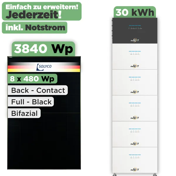 SunEnergyXT 500 Modulset 3840 Wp SunEnergyXT 500 Pro (2400 W) / 30 kWh / Solyco 480 Wp / 8 Module