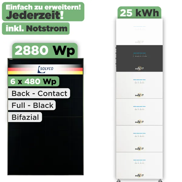 SunEnergyXT 500 Modulset 2880 Wp SunEnergyXT 500 Pro (2400 W) / 25 kWh / Solyco 480 Wp / 6 Module