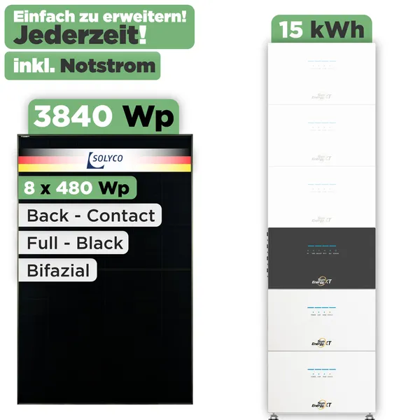SunEnergyXT 500 Modulset 3840 Wp SunEnergyXT 500 Pro (2400 W) / 15 kWh / Solyco 480 Wp / 8 Module