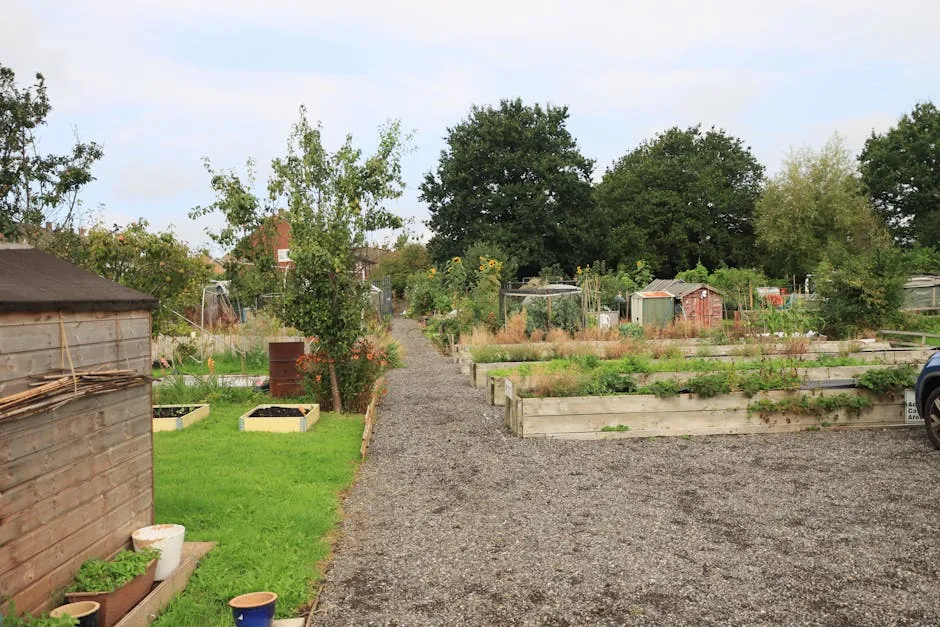 Kleingarten mit Gartenlaube und Beeten