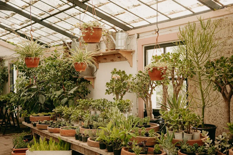 Gewächshaus im Garten mit Pflanzen