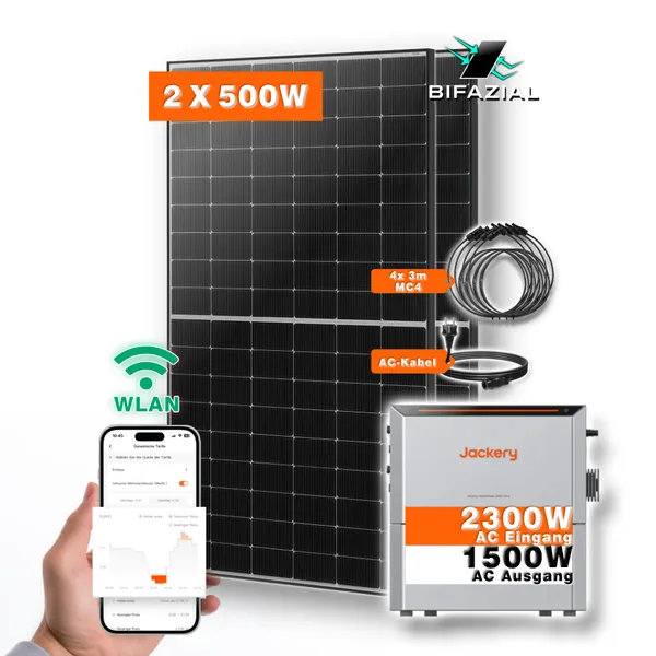 Balkonkraftwerk CLASSIC mit Jackery HomePower 2000 Ultra Speicher-Wechselrichter und 2 Solarmodulen