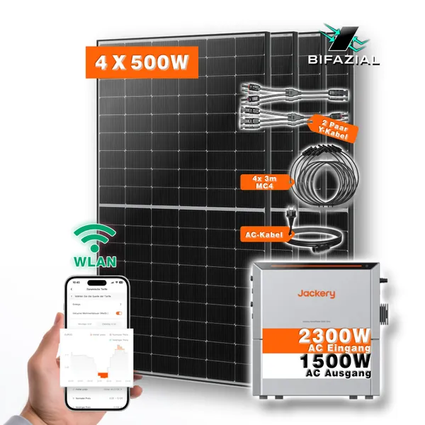 Balkonkraftwerk MAXI mit Jackery HomePower 2000 Ultra Speicher-Wechselrichter und 4 Solarmodulen