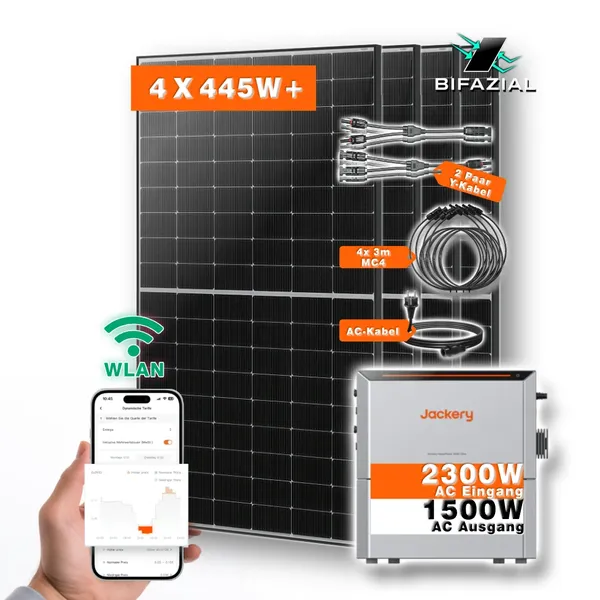 Balkonkraftwerk MAXI mit Jackery HomePower 2000 Ultra Speicher-Wechselrichter und 4x 445W+ Marken-Solarmodulen
