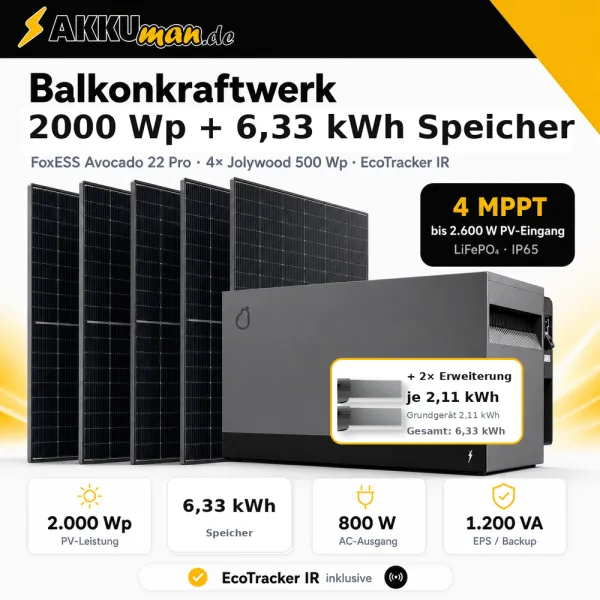 Balkonkraftwerk 2000 Wp mit FoxESS Avocado 22 Pro 8,44 kWh Speicher & 4x Jolywood 500 Wp