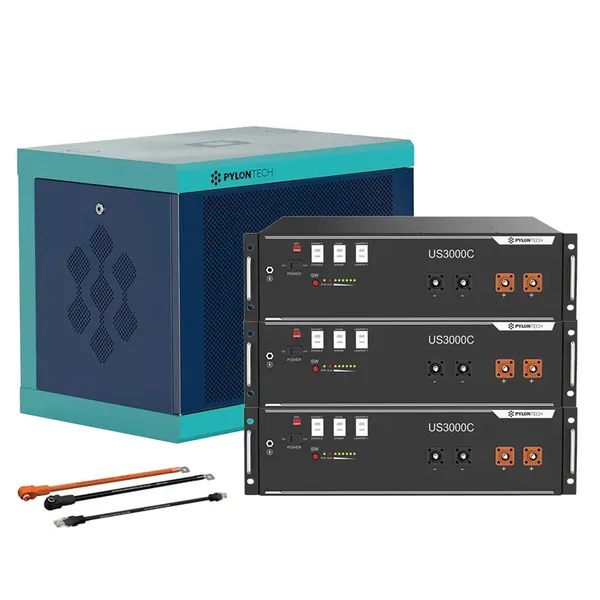 Pylontech 3x US3000D LiFePO4 Batterie 10,5kWh mit Wechselrichter-Anschlusskabelset und Batterieschrank