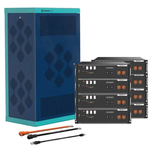 Pylontech 8x US3000D LiFePO4 Batterie 28kWh mit Wechselrichter-Anschlusskabelset und Batterieschrank