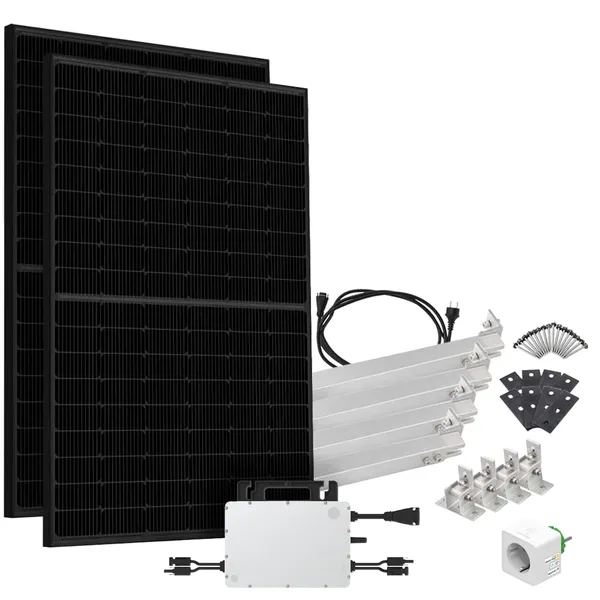Offgridtec® Solar-Direct 900W HMS-800-2WB Balkonkraftwerk Bifazial Full Black Schukosteckdose - 5m - Montageset für Flachdach