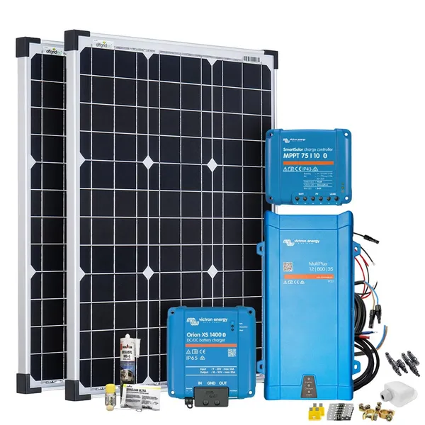 Offgridtec Mobil VeCore S 100W Wohnmobil Solaranlage inkl. MultiPlus 12/800/35 Wechselrichter, Batterieladegrät und Laderegler - weiß