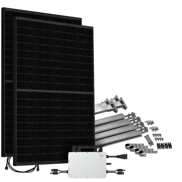 Offgridtec® Solar-Direct 900W HMS-800-2WB Balkonkraftwerk Bifazial Full Black Schukosteckdose - 5m - Montageset für Balkongeländer
