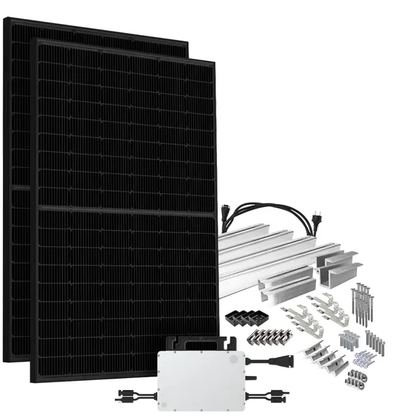 Offgridtec® Solar-Direct 900W HMS-800-2WB Balkonkraftwerk Bifazial Full Black Schukosteckdose - 15m - Montageset Biberschwanz