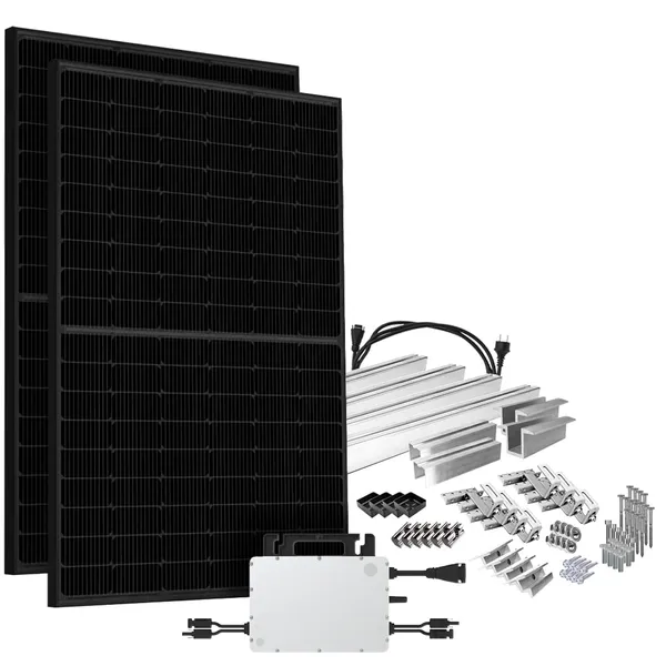Offgridtec® Solar-Direct 900W HMS-800-2WB Balkonkraftwerk Bifazial Full Black Schukosteckdose - 15m - Montageset Ziegeldach