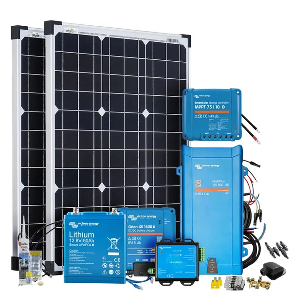 Offgridtec Mobil VeCore S 100W 640Wh Wohnmobil Solaranlage inkl. MultiPlus12/800/35 Wechselrichter, Batterieladegrät und Laderegler - schwarz
