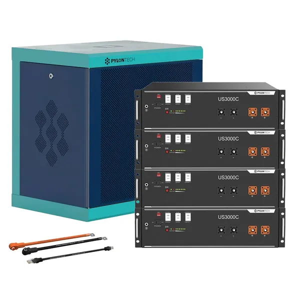 Pylontech 4x US3000D LiFePO4 Batterie 14kWh mit Wechselrichter-Anschlusskabelset und Batterieschrank